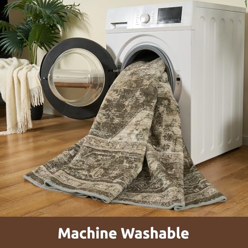 AMOAMI-2X10 Runner Rug-Washable Runners for Hallways-Soft Non Slip Bedside Rugs for Bedroom-Vintage Long Rug for Hallways Entryway Laundry Room Stair Kitchen Bathroom Brown/Coffee