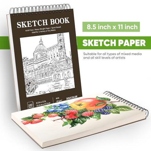 Soucolor Sketchbook 8.5x11 Hard Cover - 100 Sheets Spiral Bound Sketch Pad 8.5" x 11", 68lb/100gsm Thick Drawing Paper 8.5" x 11", Acid-Free Art Notebook for Kids Adults Classroom Teacher Must Have