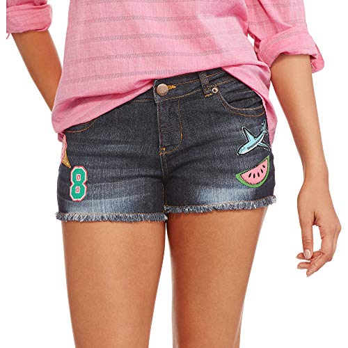 No Boundaries Juniors' Girls Denim Shorts with Patches (Medium Wash)