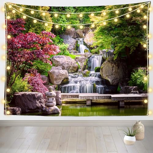 Loccor Garden Waterfall Tapestry Japanese Green Garden Zen Lake Pond Stone Wall Hanging Maple Trees Bridge Kyoto Park Tapestries for Home Bedroom Living Room Decor 80''x60''
