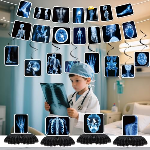 Image of Radiology X Ray Party Decorations, 14PCS Xray Banners with Hanging Swirls Birthday Decoration X-Ray Medical Theme Honeycomb Centerpiece Baby Shower Supplies for Radiology Doctor