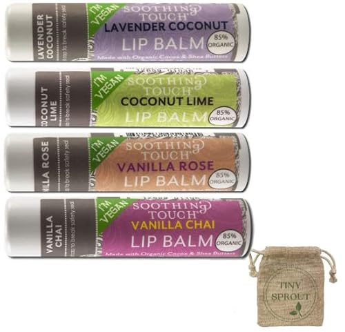 Soothing Touch Vegan Lip Balm - Coconut Lavender, Coconut Lime, Vanilla Rose, Vanilla Chai - Variety Pack Of 4, Includes Bonus Muslin Pouch, Large 0.25 Oz Size #TOP26
