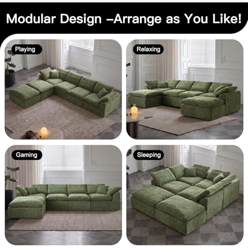 Image of Cloud Couch Sectional for Living Room, Modular U Shaped Boneless Sofa with Chaise, Compressed No Assembly Couch, Deep Seat Chenille Upholstered Convertible Sofa Bed(Forest Green)