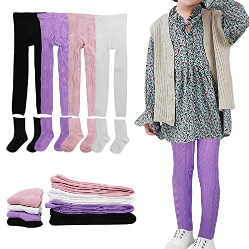 techcity Girls Leggings Baby Toddler Tights Stockings Cable Knit Cotton Pants - 4 Pack Footless Tights & 4 Pairs Socks