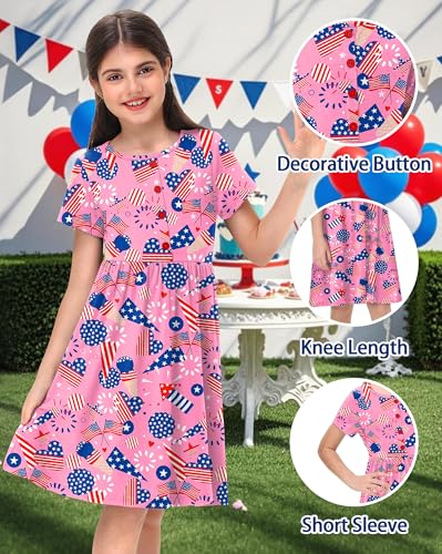 Remimi Girl 4th of July Dress American Flag Short Sleeve Summer Beach Dresses 5-14 Years4