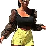 Geschlecht: Frau Timagebreze Sexy Elegante Frauen Vierkantausschnitt Langes Netz Puff Rmel Durchsichtiger Pullover Elastische Crop Tops Bluse L.