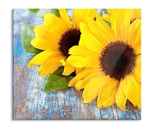 Tournesols sur table en bois Plaque de recouvrement et protection anti-éclaboussures en verre véritable | Pour plaques de cuisson | 60 x 52 cm
