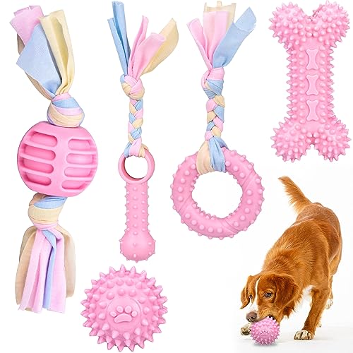 LoQuick Lot de 5 jouets pour chien jouet de dentition pour chiots jouet pour chiots avec cordes interactives en coton, jouet pour chiots en caoutchouc, jouet à mâcher pour chien