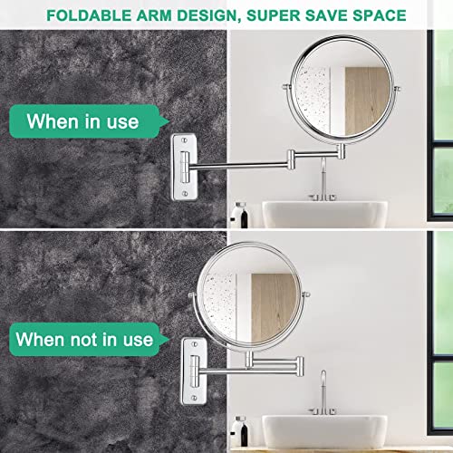 Espejo de maquillaje montado en la pared, espejo de aumento 3X de doble cara, altura ajustable, extensible de 8 pulgadas para tocador de baño, base redonda dorada