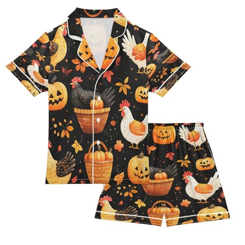 Satin Pajama Sets Short Sleeve Autumn Chickens and Pumpkins Pattern Button Down Silky Nightwear 2 Piece PJS 5-14Y