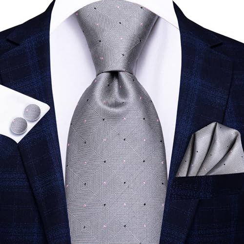 Image of Hi-Tie Mens Plaid Ties Classic Paisley Necktie with Handkerchief Cufflinks Set Business Stripe Tie