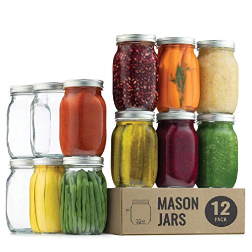 Wide Mouth Glass Mason Jars, 32 Ounce Glass Canning Jars with Silver Metal Airtight Lids and Bands with Chalkboard Labels, for Canning, Preserving, Meal Prep, Overnight Oats, Jam, Jelly, (12 Pack)