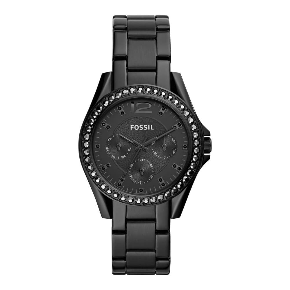 Fossil Orologio Riley da donna, movimento cronografo al quarzo con cinturino in acciaio inossidabile o in pelle, 38 mm, Nero e glitter
