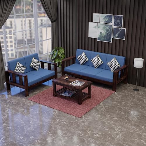 Image of Krishna Wood Decor Sheesham Wood 5 Seater Sofa Set for Living Room Home Office Solid Wood Sofa Set Furniture Wooden Five Seater Sofa Set | 3+2+1 with Coffee Table | Finish :- Walnut & Blue