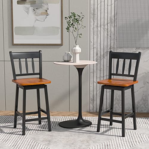 Butacos COSTWAY, Set de 2, Altura de Barra de 24,5 pulgadas, con Asiento de Madera Sólida de Caucho, Giro de 360°, Reposapiés y Espaldar, Ideales para Isla de Cocina, Encimera o Pub (Negro) miniatura 2