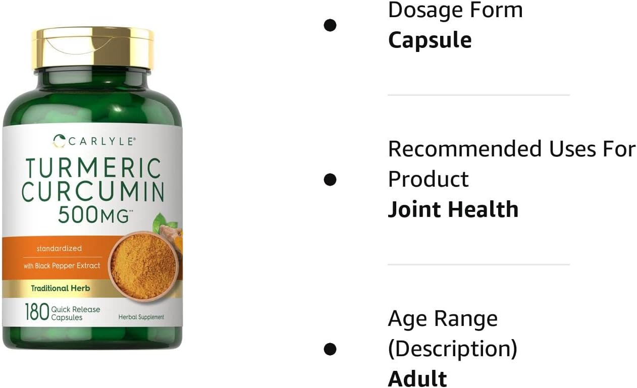 Carlyle Turmeric Curcumin with Bioperine | 500 mg | 180 Powder Capsules | Joint Support Complex with Black Pepper | Non-GMO, Gluten Free Supplement