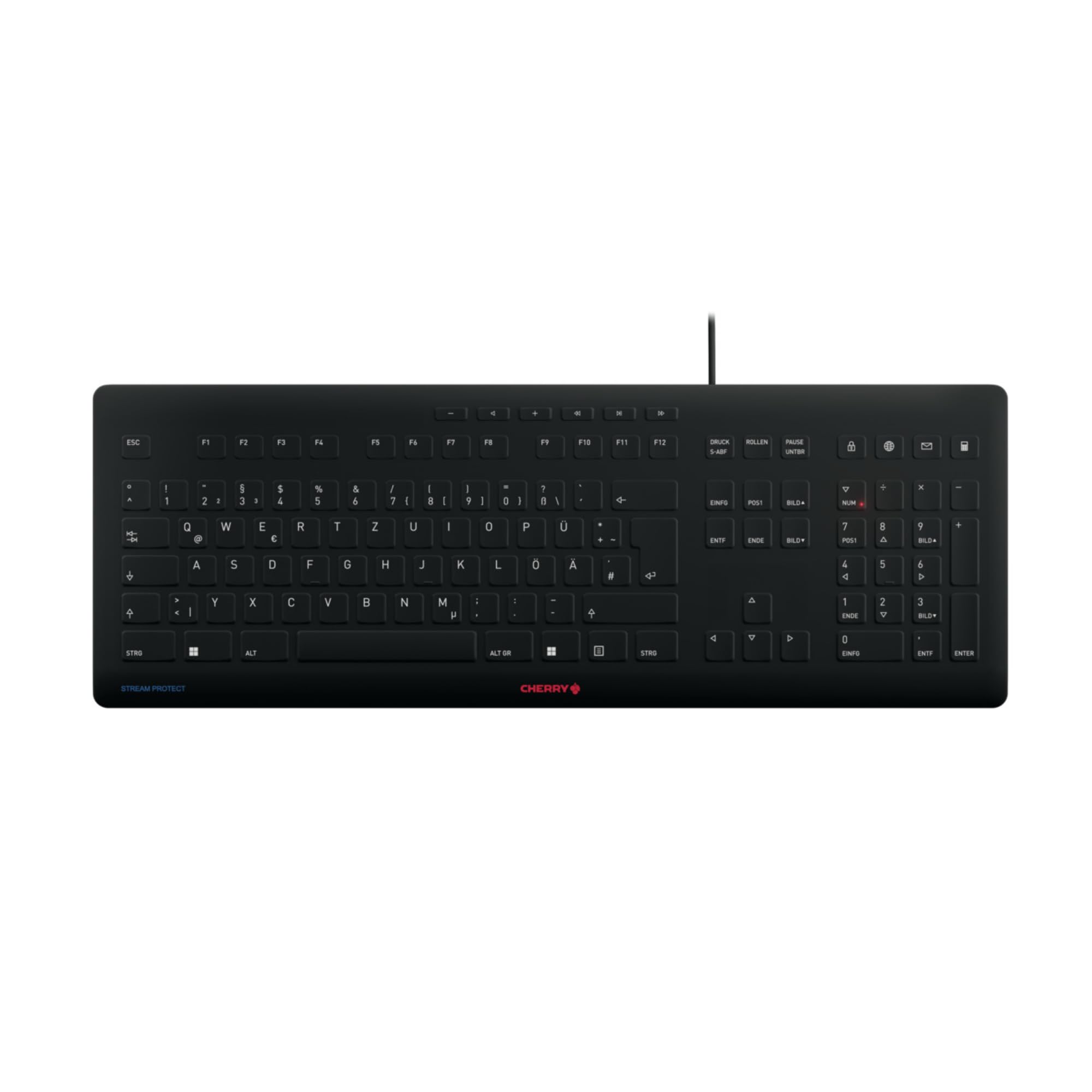 CHERRY STREAM PROTECT KEYBOARD, Kabelgebundene Tastatur mit Abnehmbarem Silikon-Tastaturschutz, Deutsches Layout (QWERTZ), Flach, Desinfizierbar, Schwarz