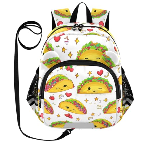 Smiling Taco Stars White Toddler Harness Backpack for Boys Girls 3-6 Years Kids Backpack with Anti Lost Safety Leash Baby Protection Backpack for Walking Preschool Travel