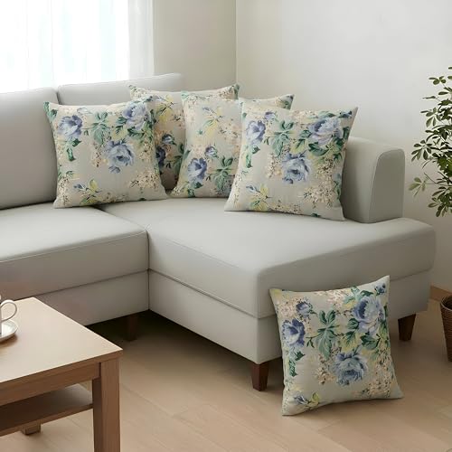 Image of Clasiko Cotton Cushion Covers 16x16 - Set of 5 Decorative Cushion Covers, Garden Frost, Soft Cotton, Hidden Zip, Sofa & Bedroom Decor
