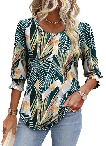 Image of XIEERDUO Blouses for Women Dressy Casual 3 /4 Length Sleeve Womens Tops with Smocked Cuffs