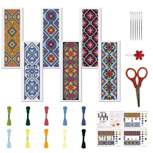 FREEBLOSS 6 Juegos de Kits de Marcapáginas de Punto de Cruz, Kit de Bordado a Mano para Principiantes, Patrones Decorativos Tradicionales, Kit de Punto de Cruz Contado, Kit Completo de Bordado de