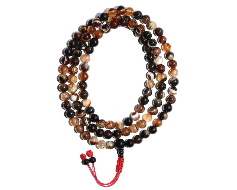 Cuentas Mala de piedra de ágata marrón, collar 108 Mala, nudo, collar WWG, joyería de yoga, cuentas de meditación, joyería espiritual, joyería bohemia, 34inch, Gema