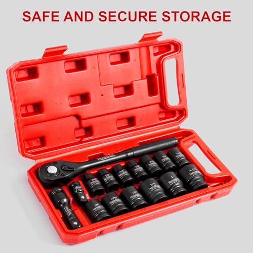 Meiwaltee 1/2-Inch Drive SAE Impact Socket Set,16 PCS Shallow 5/16 To 1-1/16 Inch Socket Assortment, Includes 72-Tooth Ratchet, 3\'\' Extension Bar and 3/8 To 1/2-inch adapter, Cr-V, 6 Point - Thumbnail 5