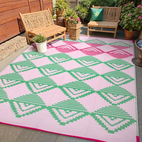 Lahome Outdoor Plastic Straw Rug, Reversible Outdoor Area Rug Waterproof 6x9 Patio Rugs, Camping Rugs for RV Backyard Deck Porch Picnic Beach Trailer (Pink/Green, 6' x 9')