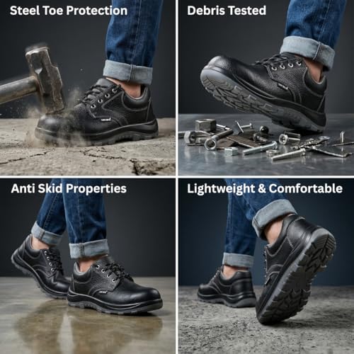 Image of Contablue Men's Leather Industrial Safety Shoes, Lightweight Steel Toe Work Shoes with Double Density PU Sole, Insock Cushioned, Breathable, Anti-Skid & Water Resistant for Industrial, Construction & Industrial Use