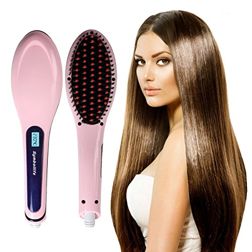 SymbolLife Brush Hair Straightener, Instant Magic Silky Straight Hair Styling, Anion Hair Care, Anti Scald, Zero Damage, Massager Straightening Irons, Detangling Hair Brush Pink