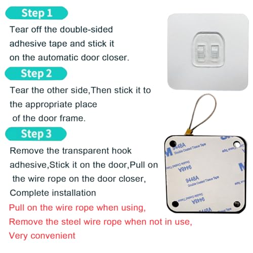 HENGXIA Punch-Free Automatic Sensor Door Closer, 3 Pack Multifunctional Door Closer, Residential Commercial Auto Door Closer with Steel Drawstring (Black & White)(Stainless Steel) (Square)