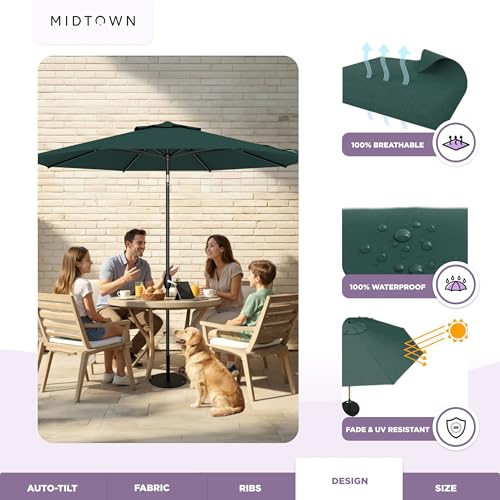 Image of Midtown Umbrellas - 10-Year-No-Fade 9 Ft Patio Umbrella with Terylast Fabric, Auto-Tilt Aluminum Frame and 8 Reinforced Ribs for Deck, Pool, Garden & Beach - Forest Green Canopy, Black Pole