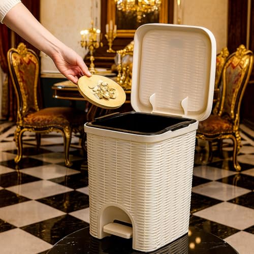 PARASNATH Plastic Rattan Design(Off-White Colour)Pedal Dustbin 7Litre Modern Light-Weight...