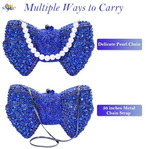 Image of Handmade Inlay Rhinestone Bow Clutch Bag for Women, Sparkling Evening Party Wedding Purse with Detachable Pearl Chain