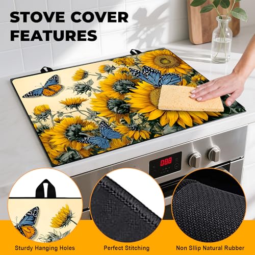 Image of Happy Easter Stove Top Cover Flower Eggs Cute Rabbit Gas Stove Top Cover for Home Decoration Kitchen St. Patrick Day Pad Non-Stick Washable Cooktop Covers Countertop Protector (sunflower, 28 inch x 20 inch)