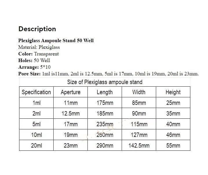 Transparent Ampoule Stand Sample Bottle Holder - 50-Well Rack for 1ml to 20ml Injection Bottles - 5x10 Arrangement(20ml)