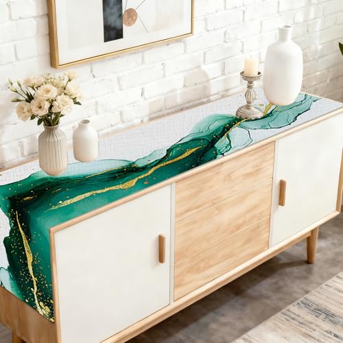 Image of Nuxovilar Teal Gold Fluid Table Runner Flax 13x72 in | Holiday Runner Flax Placemats Dining Accessories Set Artistic Dinner Room Space Area (Teal Gold Fluid)
