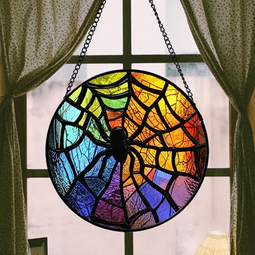 Image of Stained Glass Suncatcher, Colorful Spider Sun Catcher Black Insect Stain Glass Window Hanging Decoration Mother's Day Birthday Gifts for Women Men Mom Nana 6.3 in