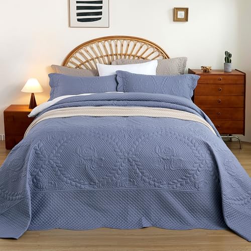 Image of EVENHUG Oversized King Bedspreads California King Quilt Set with Pillow Shams Extra Wide Large King Size Quilts Lightweight Coverlet Bedding Sets Blue 120 inchx128 inch