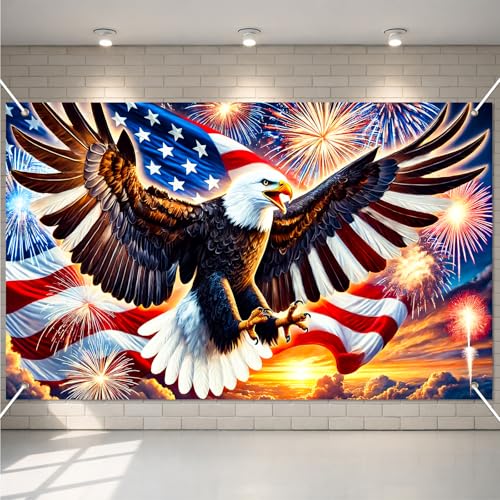 Image of BlissYard Patriotic Eagle Banner 71 x 43 Inches 4th of July Decorations American Flag Fireworks Backdrop for Outdoor Yard Veterans Day Independence Day Memorial Day Party Decor