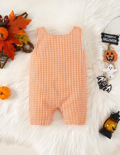 Yvowming Baby Boy Halloween Outfits Clothes Sleeveless Ghost Embroidery Plaid Retro Romper Jumpsuit Smocked Shortal3