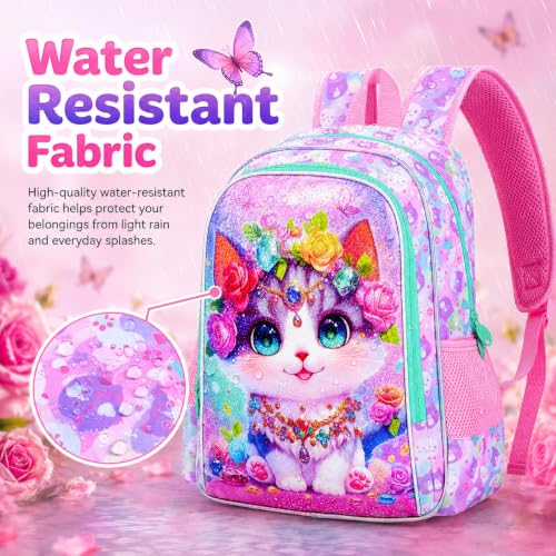 Image of 16 inch Cat Backpack for School, Girls Kids Bookbag with Lunch Box,3Pcs Backpacks for Elementary Preschool Kindergarten (Pink)