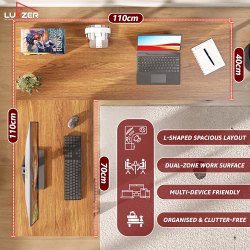 Image of Lukzer L-Shaped Corner Study Desk Engineered Wood Computer Laptop Table for Home or Office | MST-007 /Black & Oak Brown | Multi-Functional Gaming Station and WFH Desk with Metal Frame