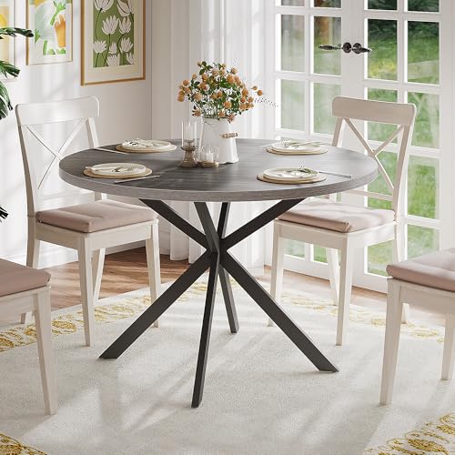 ChooChoo 47.2 Inch Round Dining Table for 4, Farmhouse Wood Kitchen Table, Circle Dinner Table for Kitchen & Dining Room, Grey