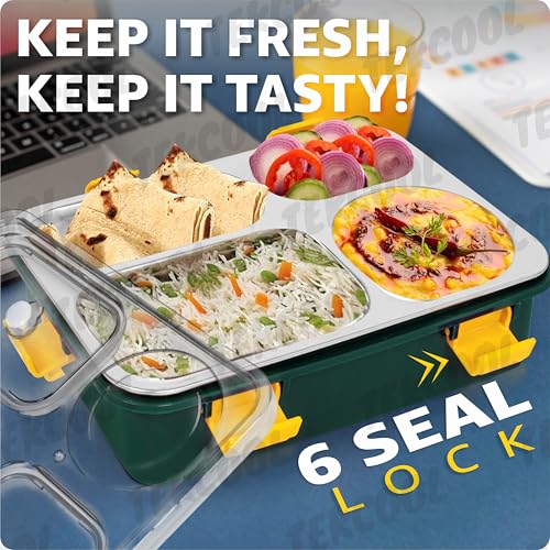 Image of TEKCOOL Lunch Box for Adults - Lunch Box for Kids with Spoon & Fork - Stainless Steel Lunch Box with 4 Compartment - Durable Perfect Size for On-The-Go Meal, BPA-Free