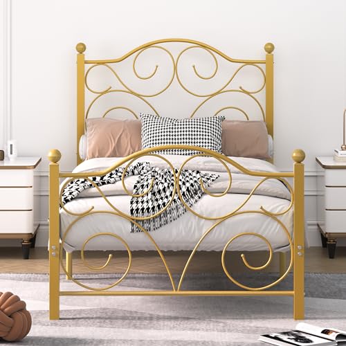 Image of VECELO Twin Size Bed Frame with Headboard and Footboard, Heavy Duty Metal Slat Support, Platform Mattress Foundation, No Box Spring Needed, Easy Assembly, Gold