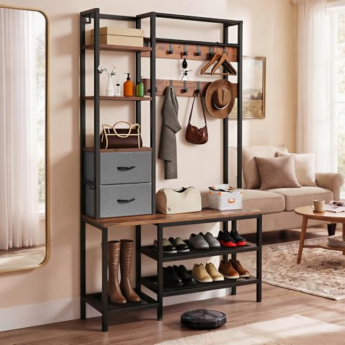 YITAHOME Porte-manteau industriel avec étagère à chaussures - Meuble de vestiaire sur pied avec 2 étagères - 9 crochets - Convient pour couloir, salon et...