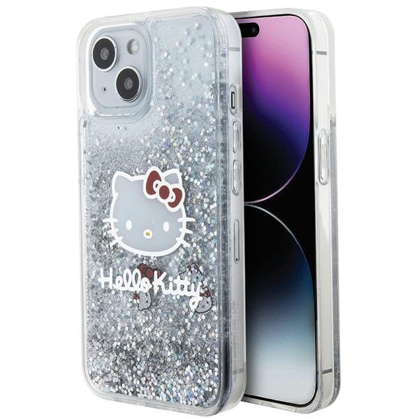 CG MOBILE Hello Kitty HKHMP15SHRSGEP Coque Rigide pour iPhone 15/14/13 6,1avec Anneau de Support et Logo Electrop à Paillettes Rose