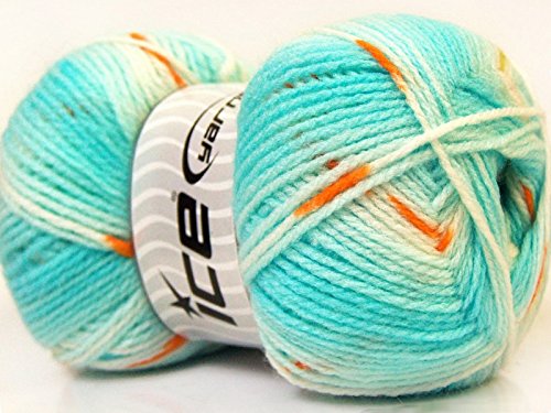 (1) 100 Gram Baby Design Yarn - Turquoise, Copper, Green, White Self-Striping, Patterning - Acrylic, 393 Yards