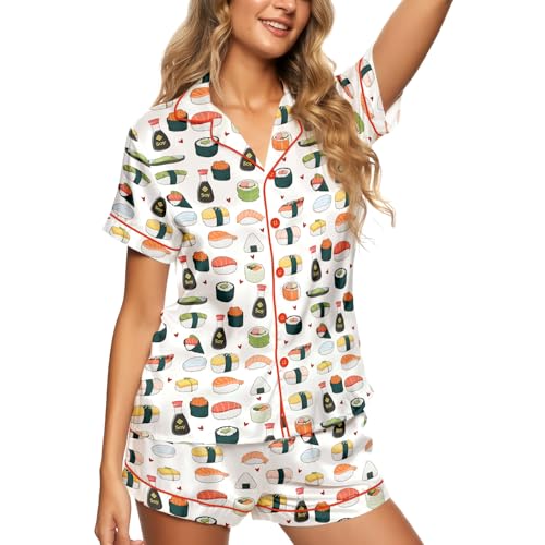 Image of HUNTFAMI Womens Soft Silky Satin Pajamas Set, 2 Pcs Sleep Short Pajamas for Mom and Grandma Button Down Summer Loungewear